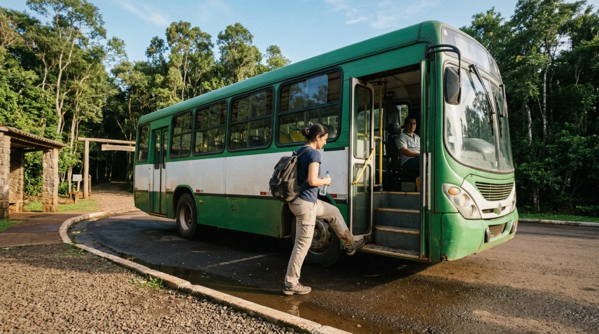 A traveller stepping off a local bus at the national park entrance, the do-it-yourself way to reach Iguazu Falls
