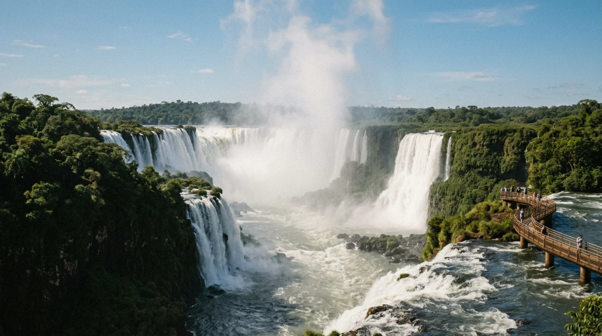 The Devil's Throat gorge at Iguazu Falls with spray rising, seen from the open Brazilian bank