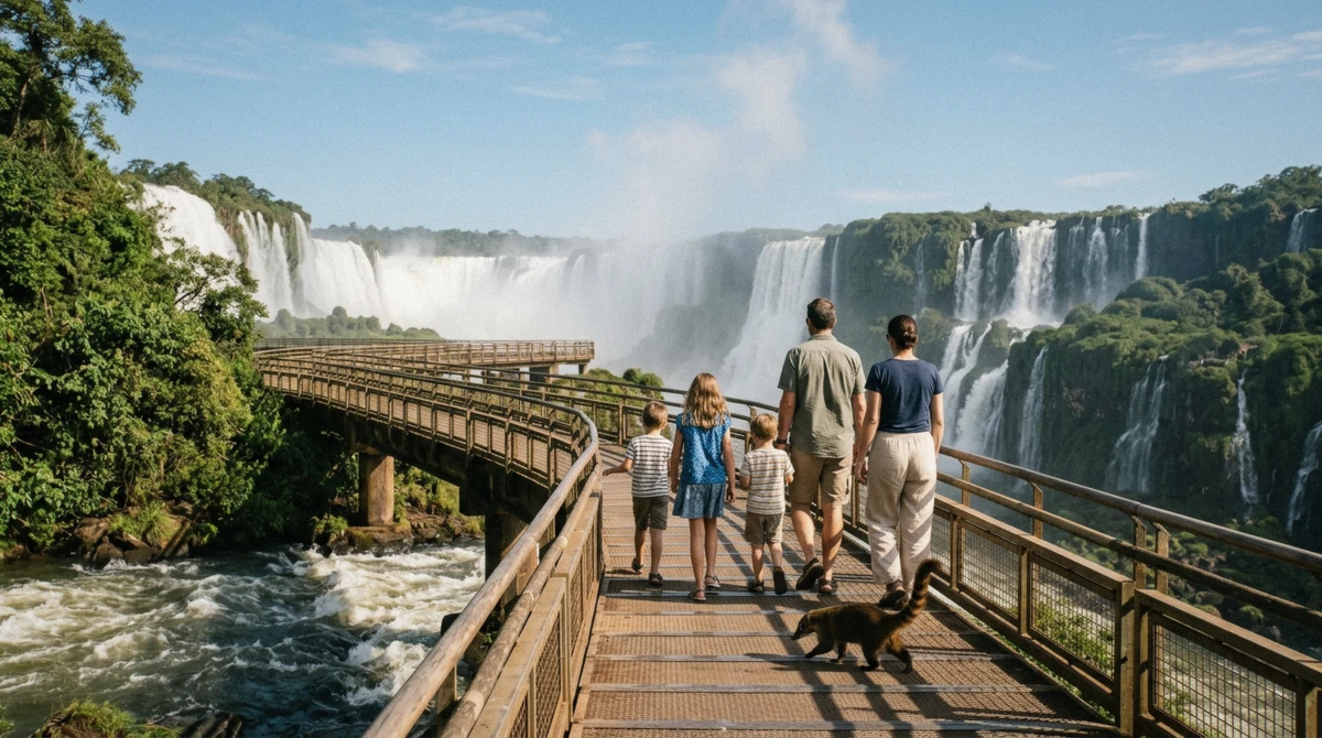 A family walking the sunlit walkway above the water at Iguazu Falls with children