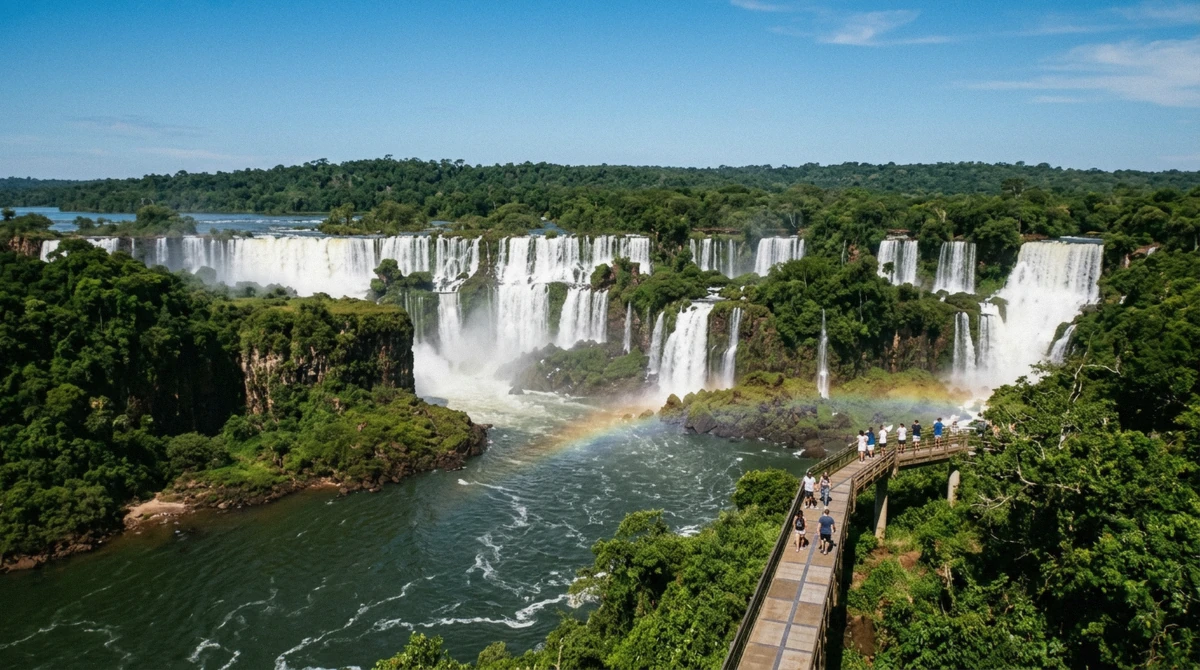 The Iguazu Falls horseshoe seen from the Brazilian bank on a clear morning, the view that decides the Argentina or Brazil question