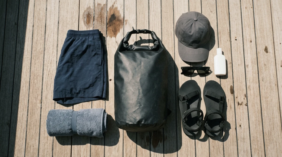 Dry bag, quick-dry clothes and sandals laid out for an Iguazu Falls boat ride