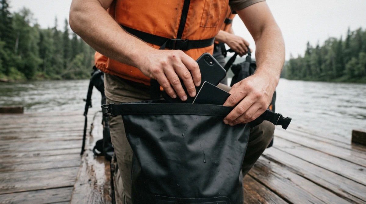 Traveller stowing a phone and passport in a waterproof dry bag before an Iguazu Falls boat and safari ride