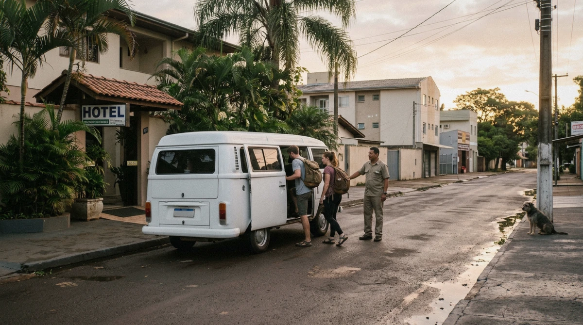 Private minivan collecting travellers at a hotel in Foz do Iguacu for a private Brazilian side Iguazu Falls tour