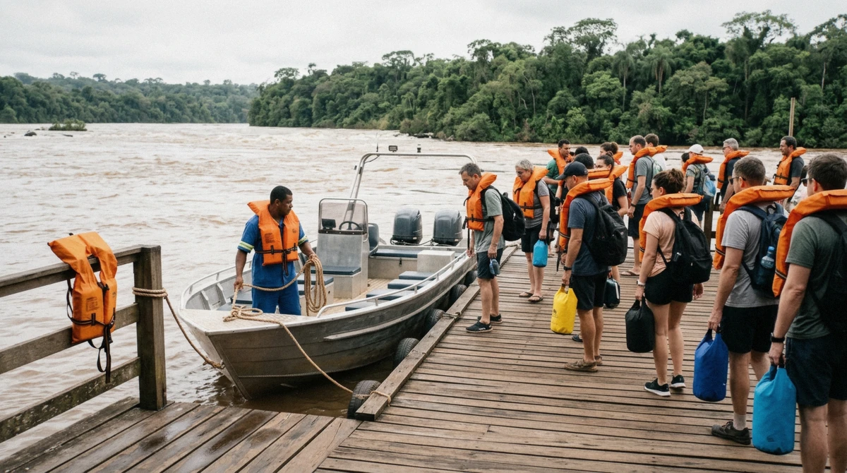 Boarding deck on the Iguacu river with a twin-engine boat and passengers in life jackets before a Macuco Safari Iguazu Falls boat tour