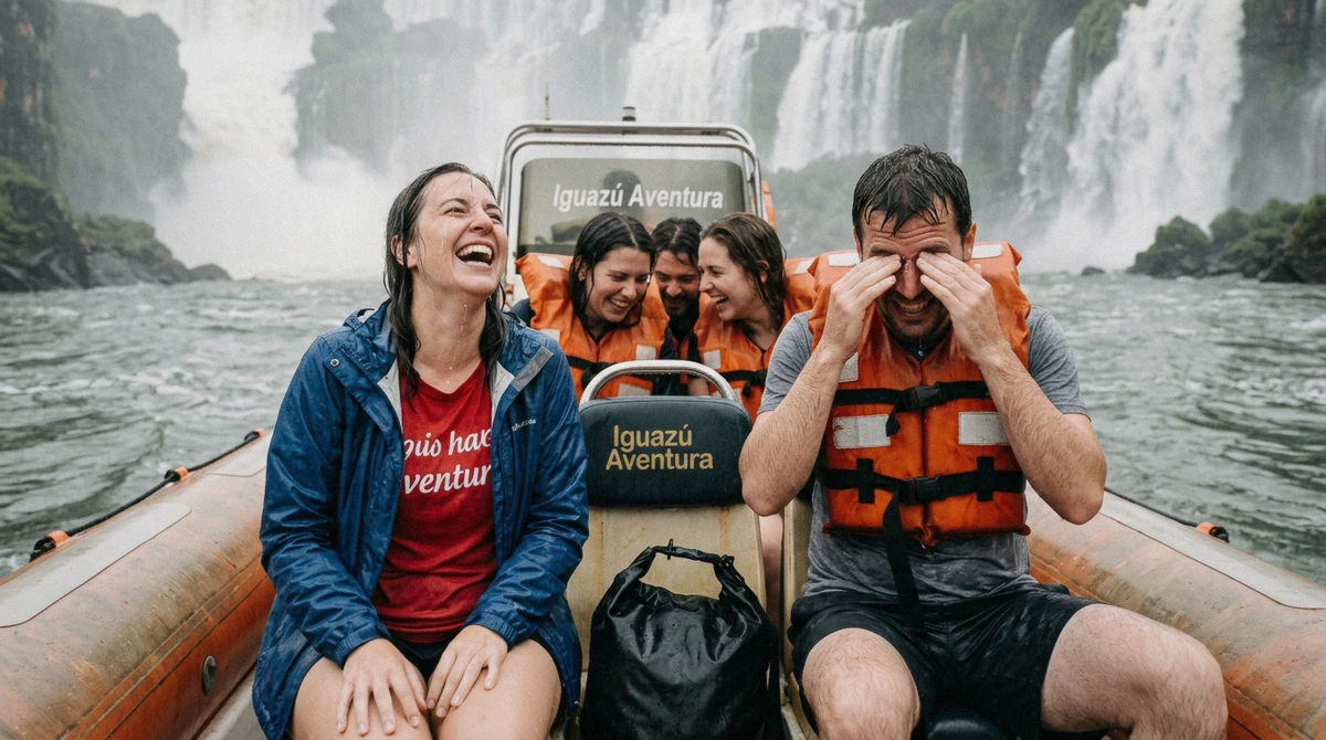 Soaked passengers laughing in life jackets after the run under the falls on an Iguazu Falls boat tour